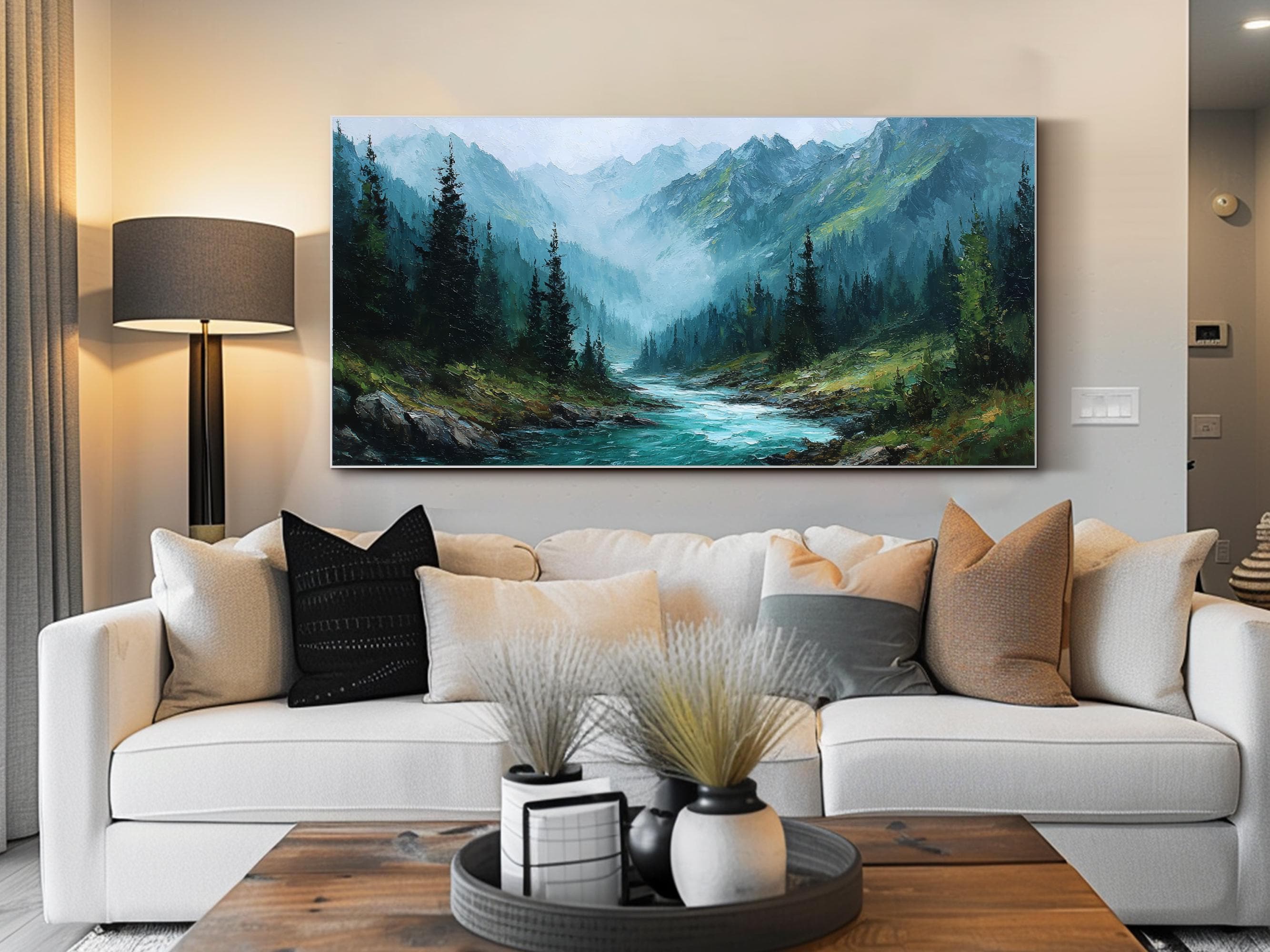 Mountain River Oil Painting Original Hand Painted Landscape Wall Art ...