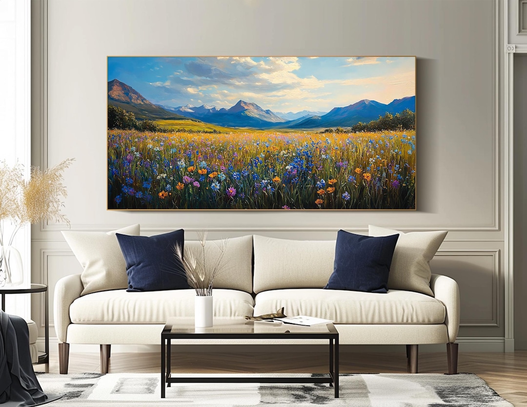 Original Wildflower Landscape Oil Painting Large Mountain Wall Art ...