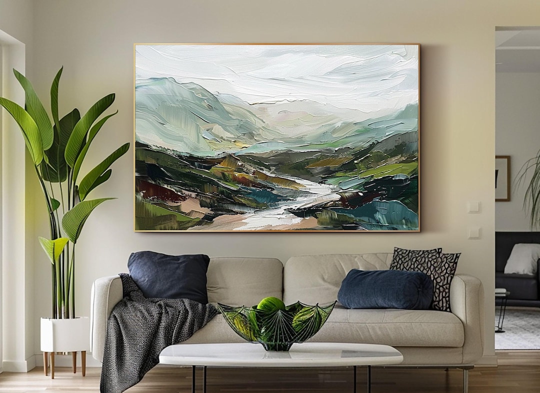 Original Mountain Oil Painting on Canvas 3d Green Wall Art Minimalist ...
