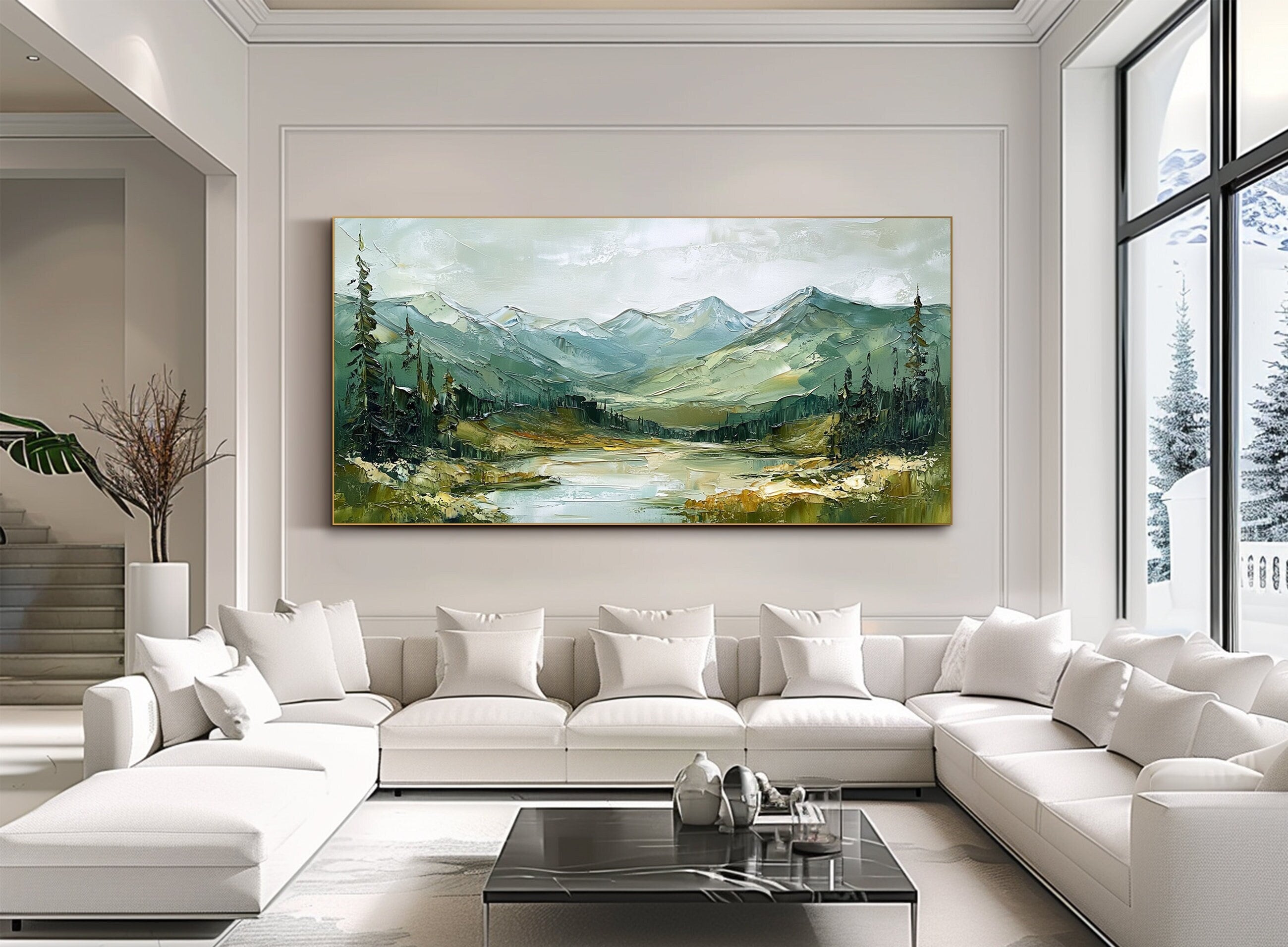 Green Mountain Oil Painting on Canvas Large Green Impasto Wall Art Bed ...