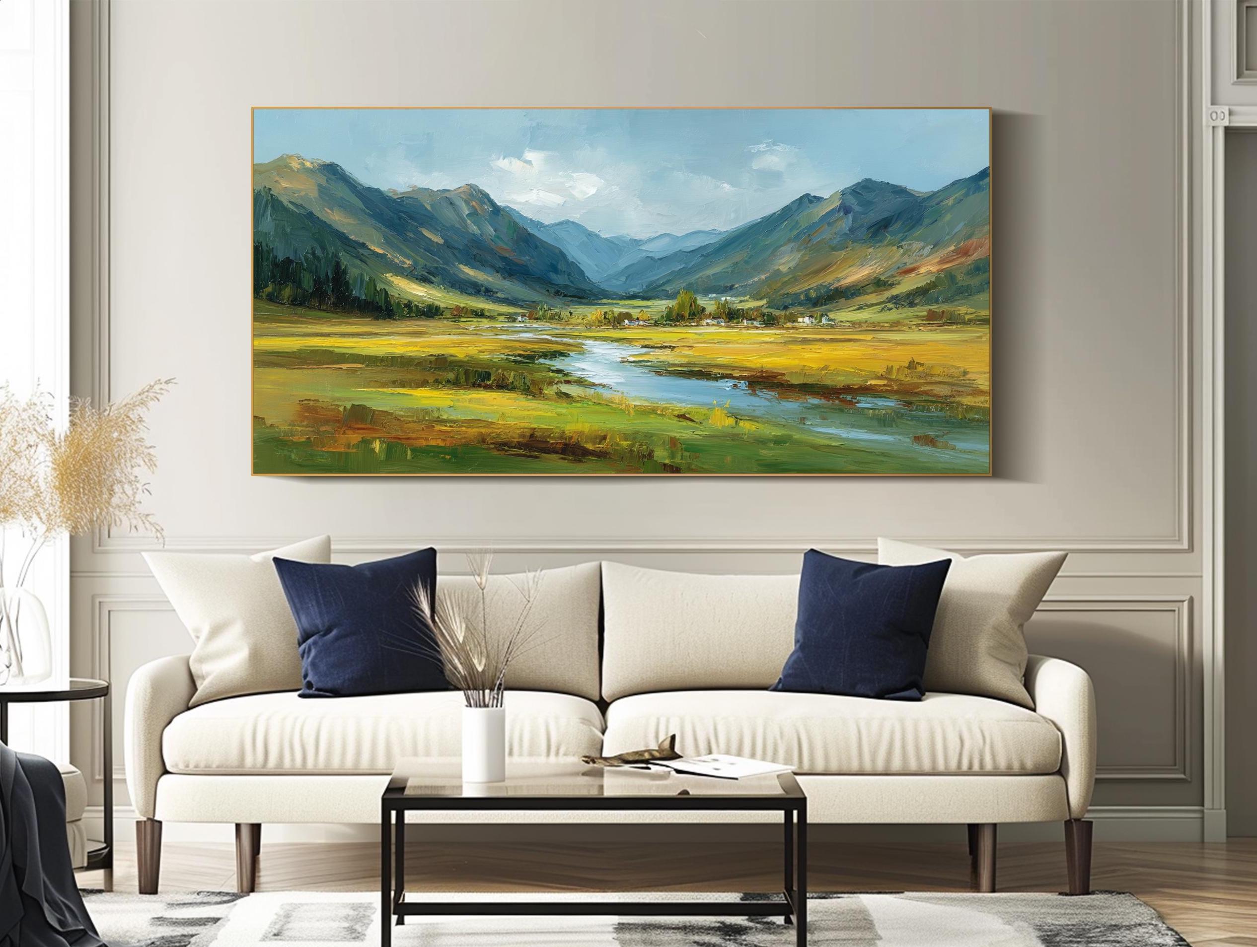 Original Landscape Oil Painting Textured Mountain River Wall Art Large ...