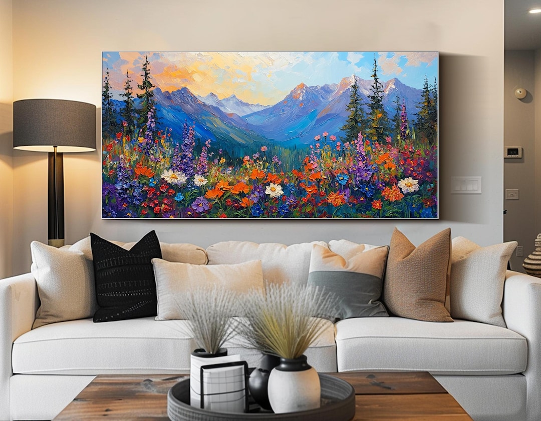 Large Landscape Wall Art Mountain Meadow Oil Painting Wildflower Canvas ...