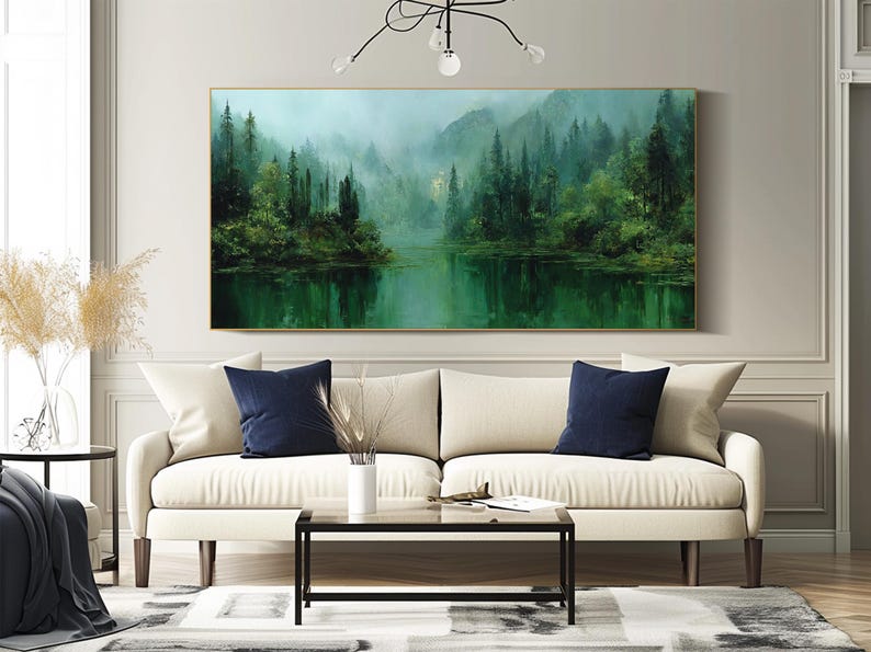 Large Forest Lake Oil Painting Misty Mountain Landscape Green Nature ...