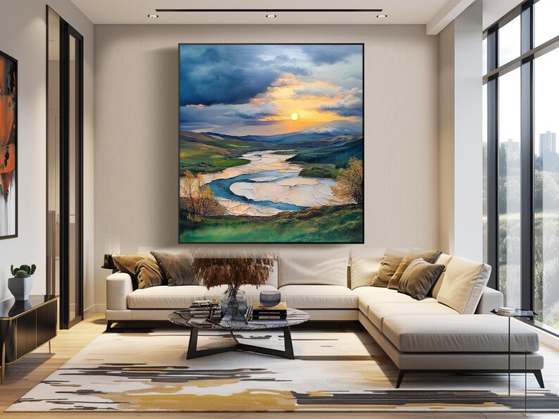 Sunset River Oil Painting Large Colorful Wall Art Original Hand Painted ...