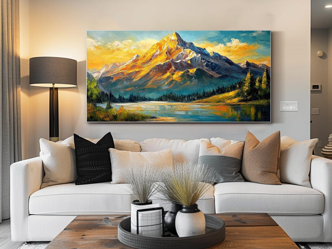 Original Landscape Oil Painting Mountain Lake Wall Art Golden Peak ...