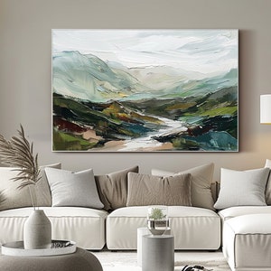 Original Mountain Oil Painting on Canvas 3d Green Wall Art Minimalist ...