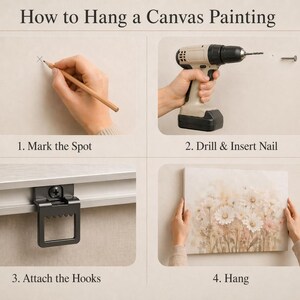 May include: A step-by-step guide on how to hang a canvas painting. The image shows a hand marking a wall, using a drill to insert a nail, attaching hooks, and hanging the artwork. The text "How to Hang a Canvas Painting" is at the top.