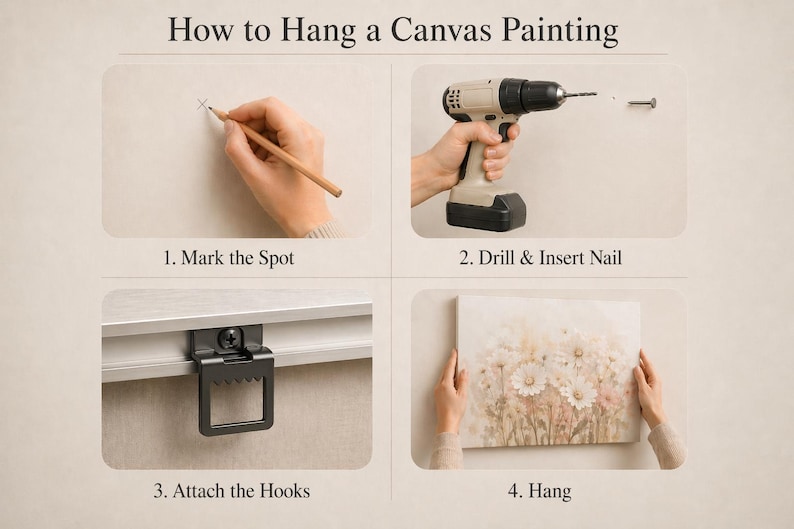 May include: A step-by-step guide on how to hang a canvas painting. The image shows a hand marking a wall, using a drill to insert a nail, attaching hooks, and hanging the artwork. The text "How to Hang a Canvas Painting" is at the top.