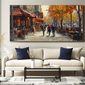 May include: A painting of a Parisian street scene with people walking and sitting at outdoor cafes. The buildings are painted in warm tones, and the trees are in autumn colors. The painting has a warm and inviting feel.