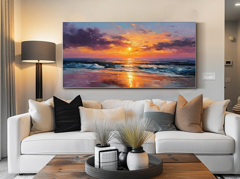 Textured Sunset Canvas Wall Art Palette Knife Ocean Oil Painting Living ...