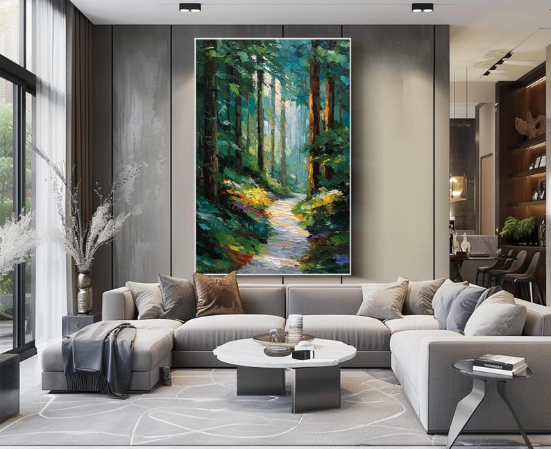 Original Forest Path Oil Painting Large Green Textured Wall Art ...
