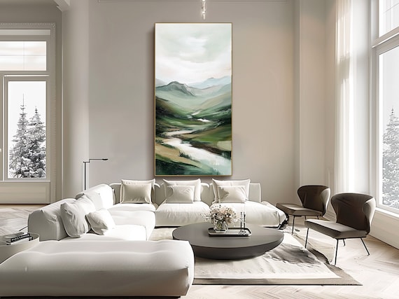 3d Green Mountain Wall Art Vertical Wall Art Original Painting on Canvas Abstract Texture Landscape Wall Art Minimalist Painting on Canvas