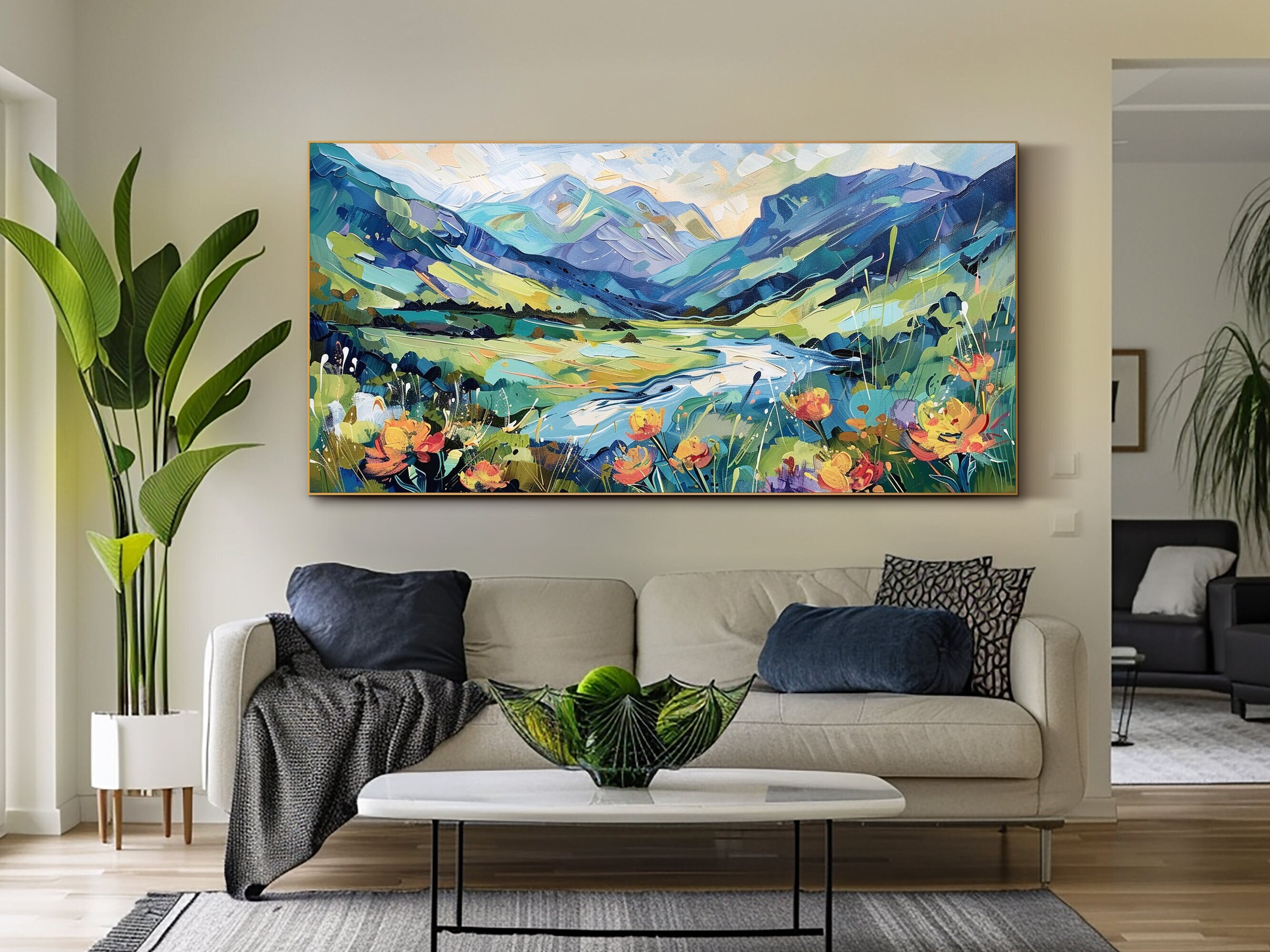 Large Wall Art Landscape Oil Painting on Canvas Mountain River Artwork ...