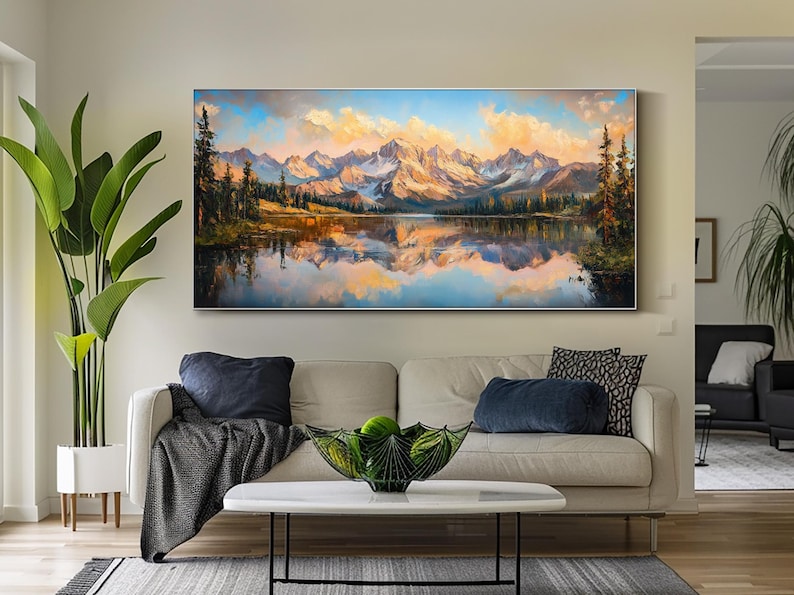 Mountain Lake Oil Painting Large Alpine Landscape Wall Art Living Room ...