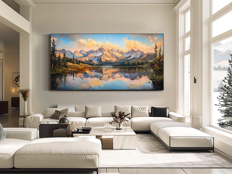 Mountain Lake Oil Painting Large Alpine Landscape Wall Art Living Room ...