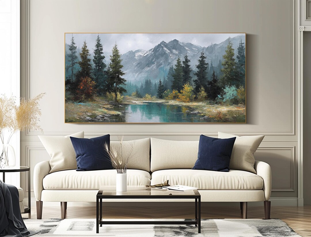 Original Landscape Oil Painting Textured Mountain Wall Art Large Cabin ...