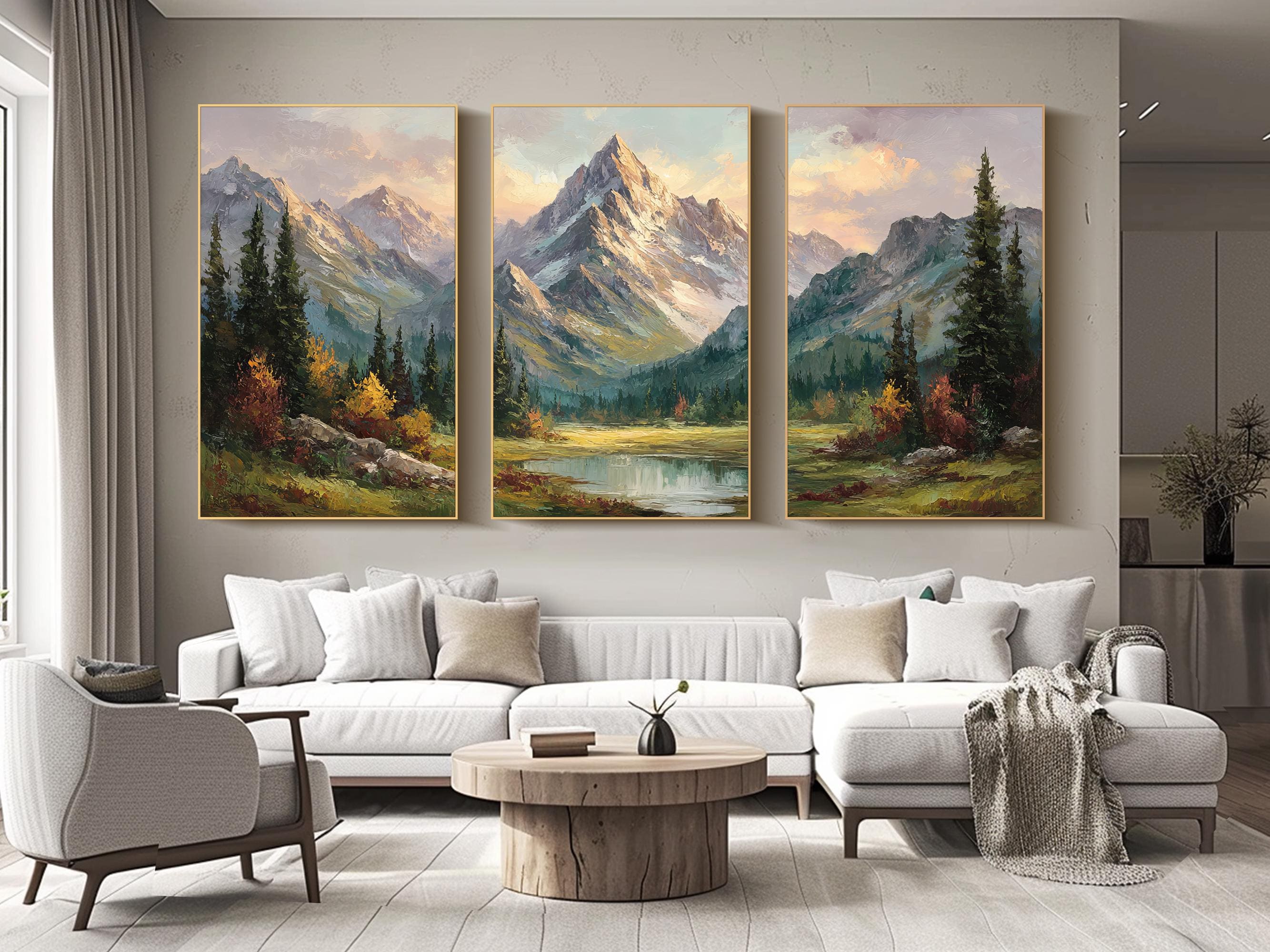 Mountain Triptych Oil Painting Textured Landscape Wall Art Green 3 ...
