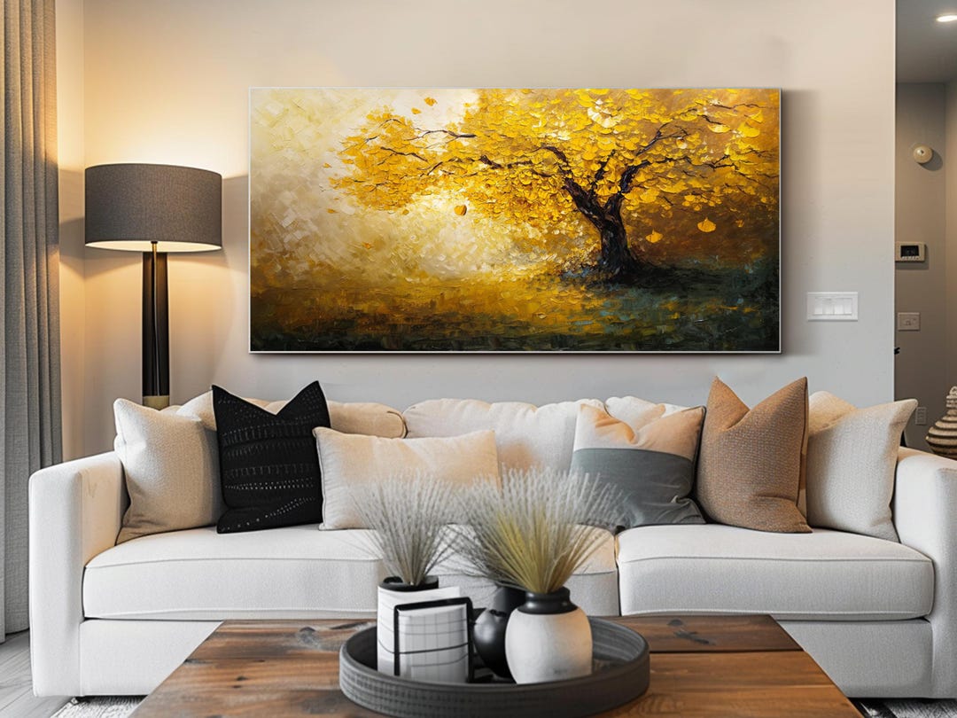 Original Golden Tree Oil Painting Abstract Autumn Landscape Wall Art ...
