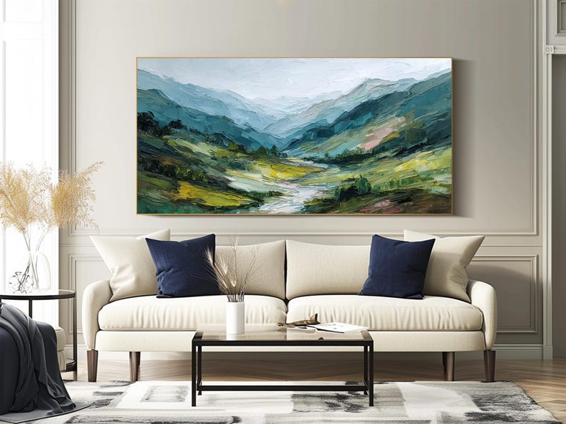 Original Landscape Oil Painting Textured Green Wall Art Mountain Wall ...