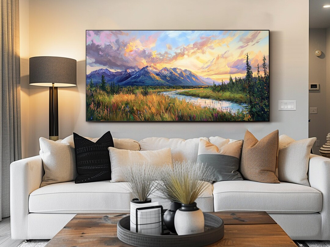 Mountain River Oil Painting on Canvas Abstract Wall Art Living Room ...
