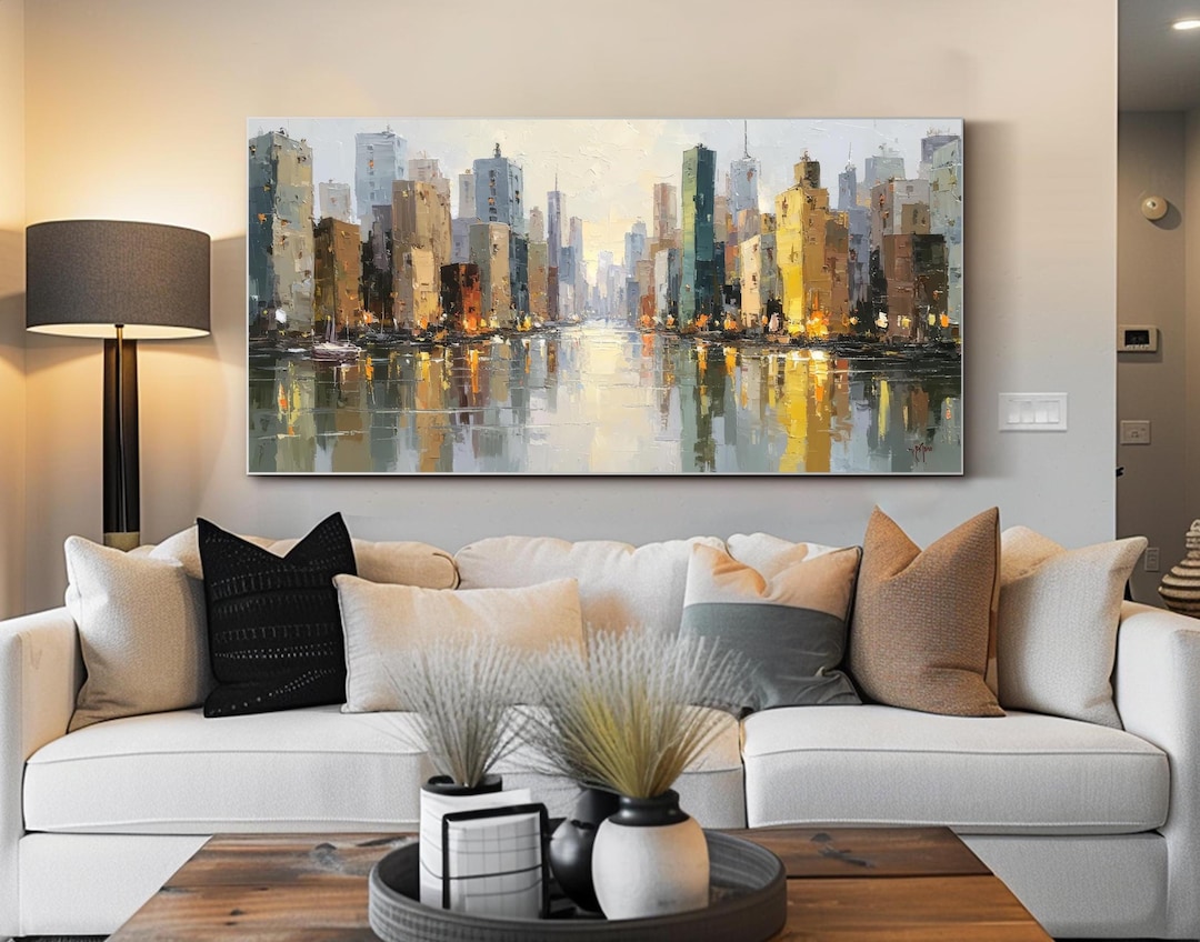Original City Skyline Oil Painting Modern Landscape Wall Art Large ...