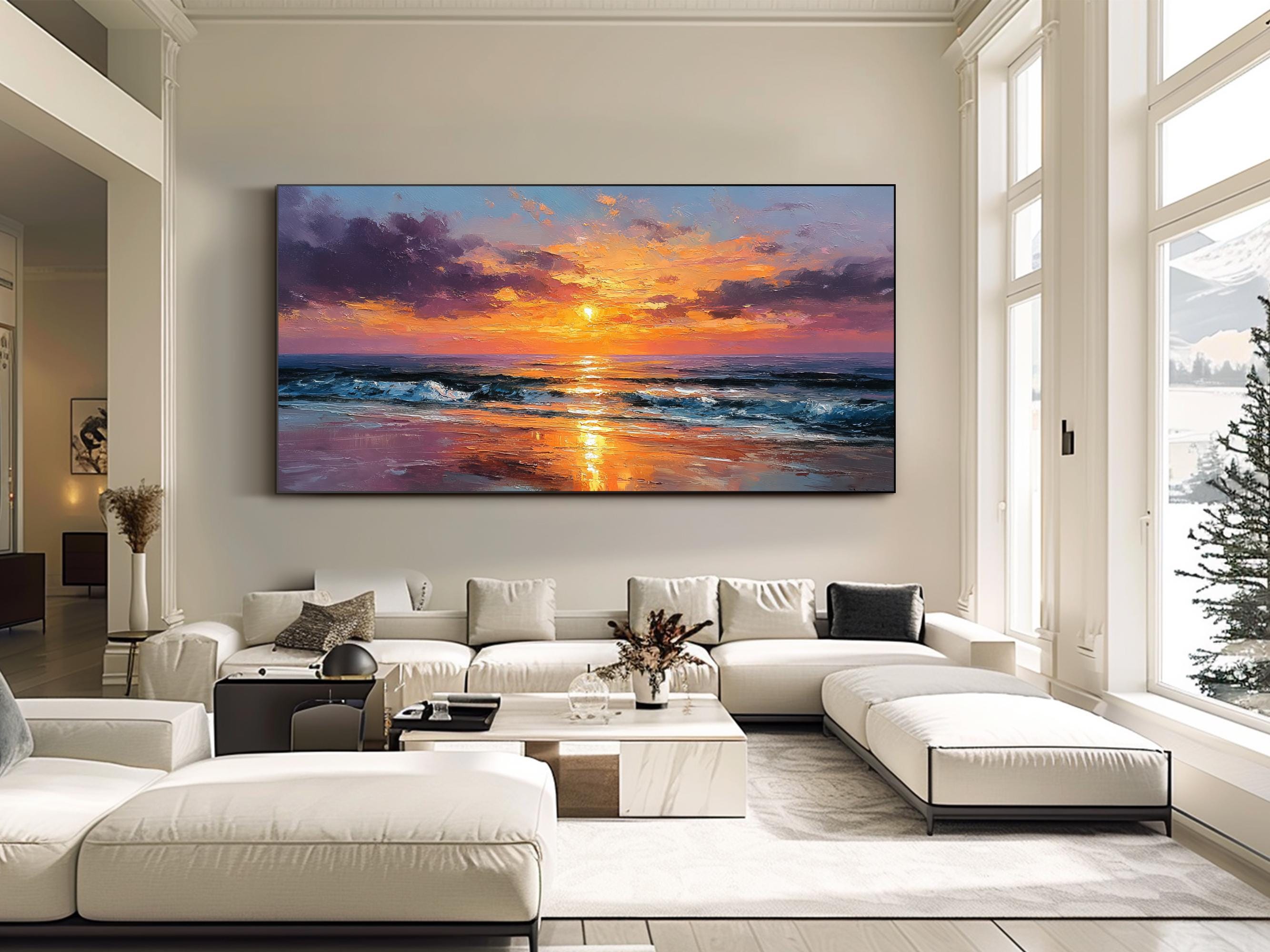 Textured Sunset Canvas Wall Art Palette Knife Ocean Oil Painting Living ...