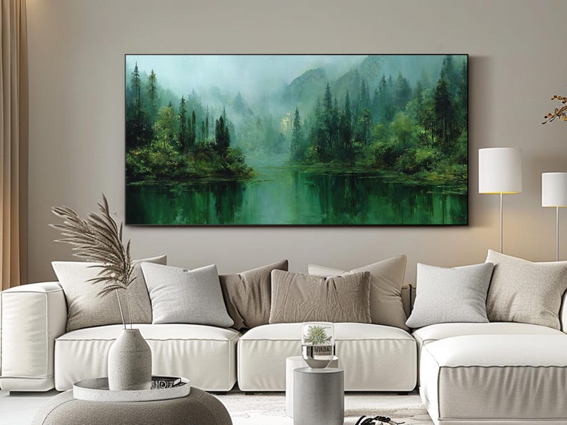 Large Forest Lake Oil Painting Misty Mountain Landscape Green Nature ...