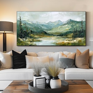 Green Mountain Oil Painting on Canvas Large Green Impasto Wall Art Bed ...