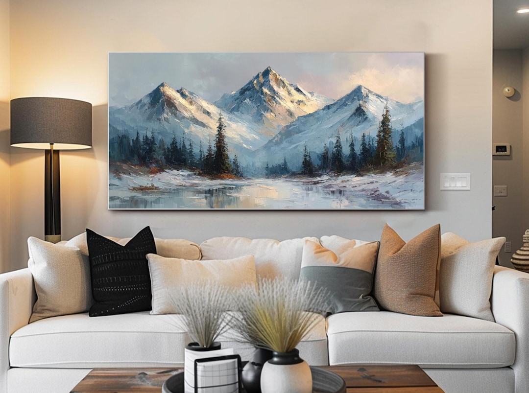 Large Mountain Wall Art Landscape Oil Painting Snowy Peaks Winter Wall ...