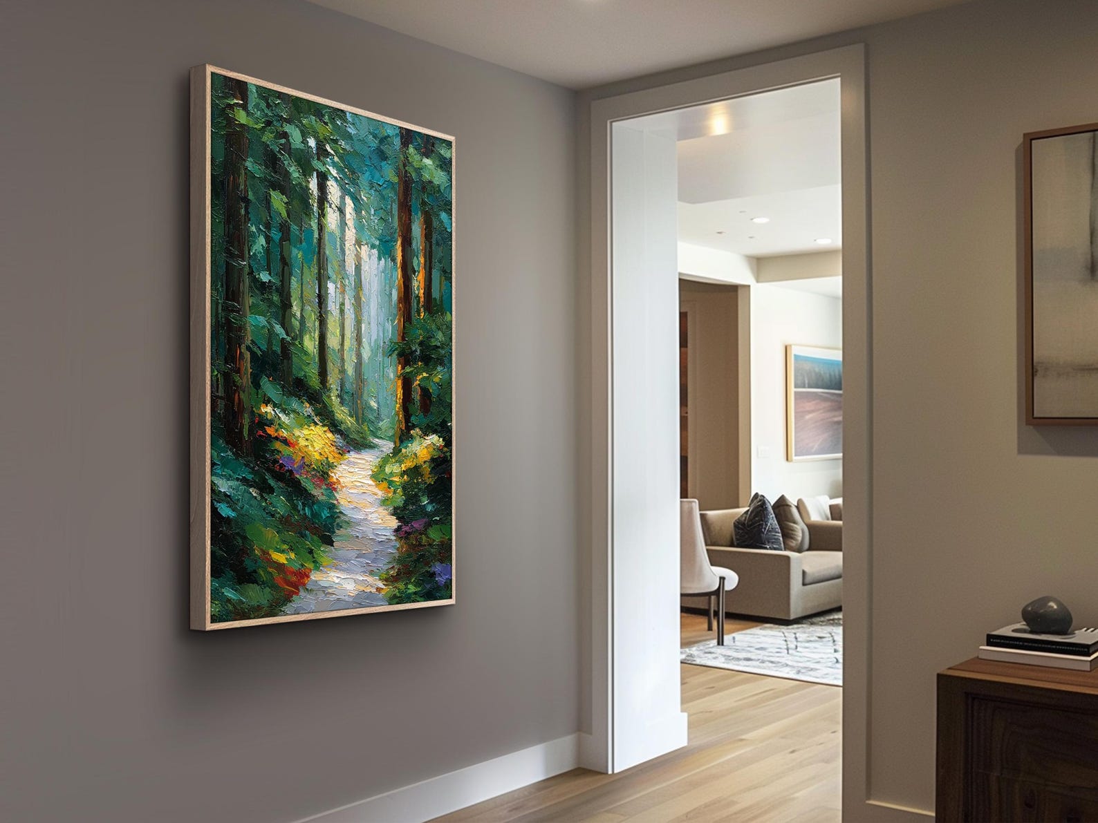Original Forest Path Oil Painting Large Green Textured Wall Art ...