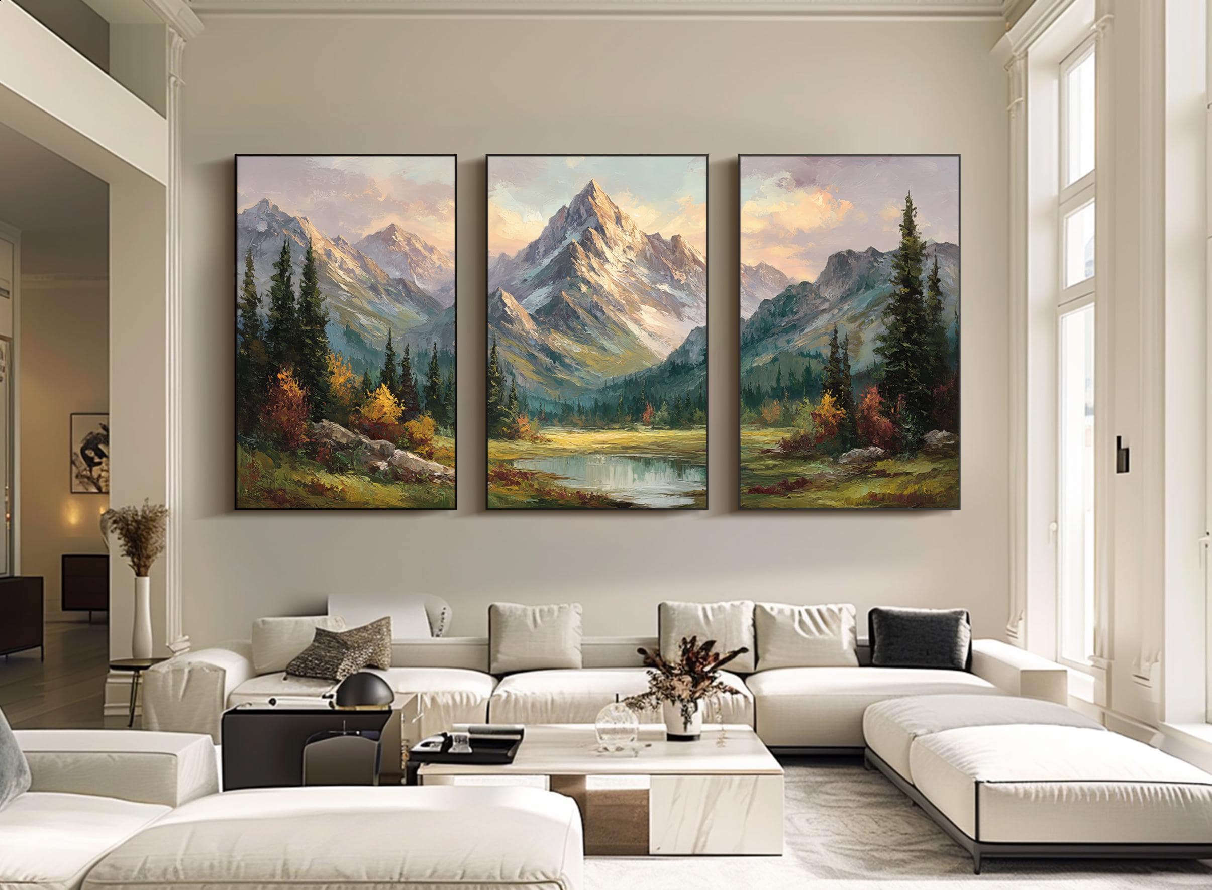 Mountain Triptych Oil Painting Textured Landscape Wall Art Green 3 ...