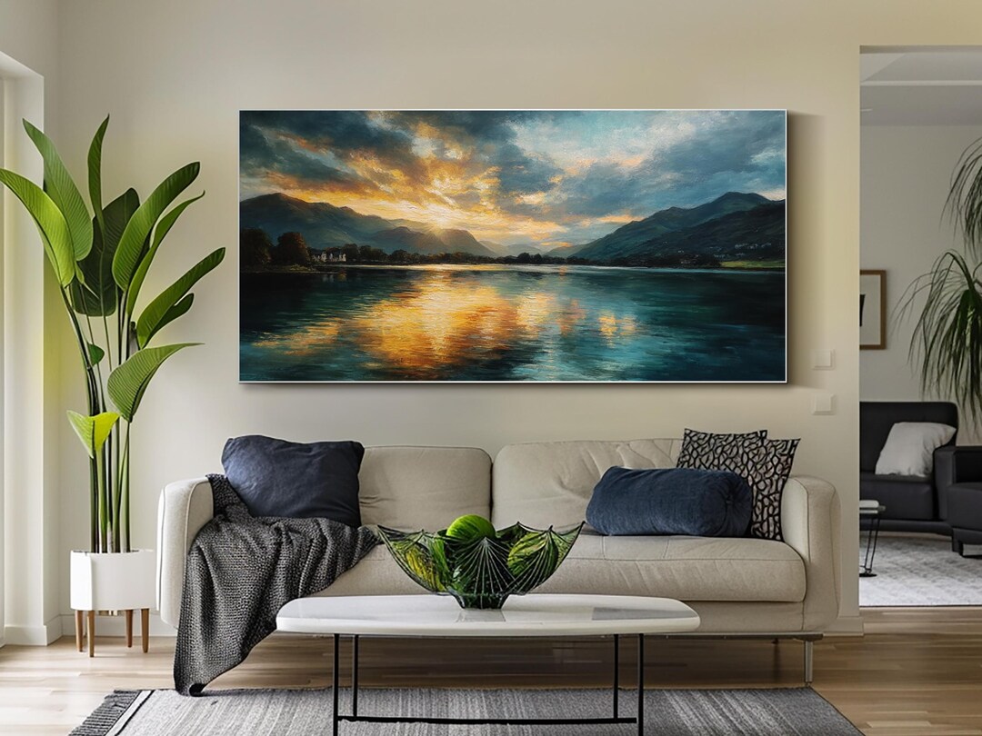 Original Lake Sunset Oil Painting Mountain Landscape Wall Decor for ...