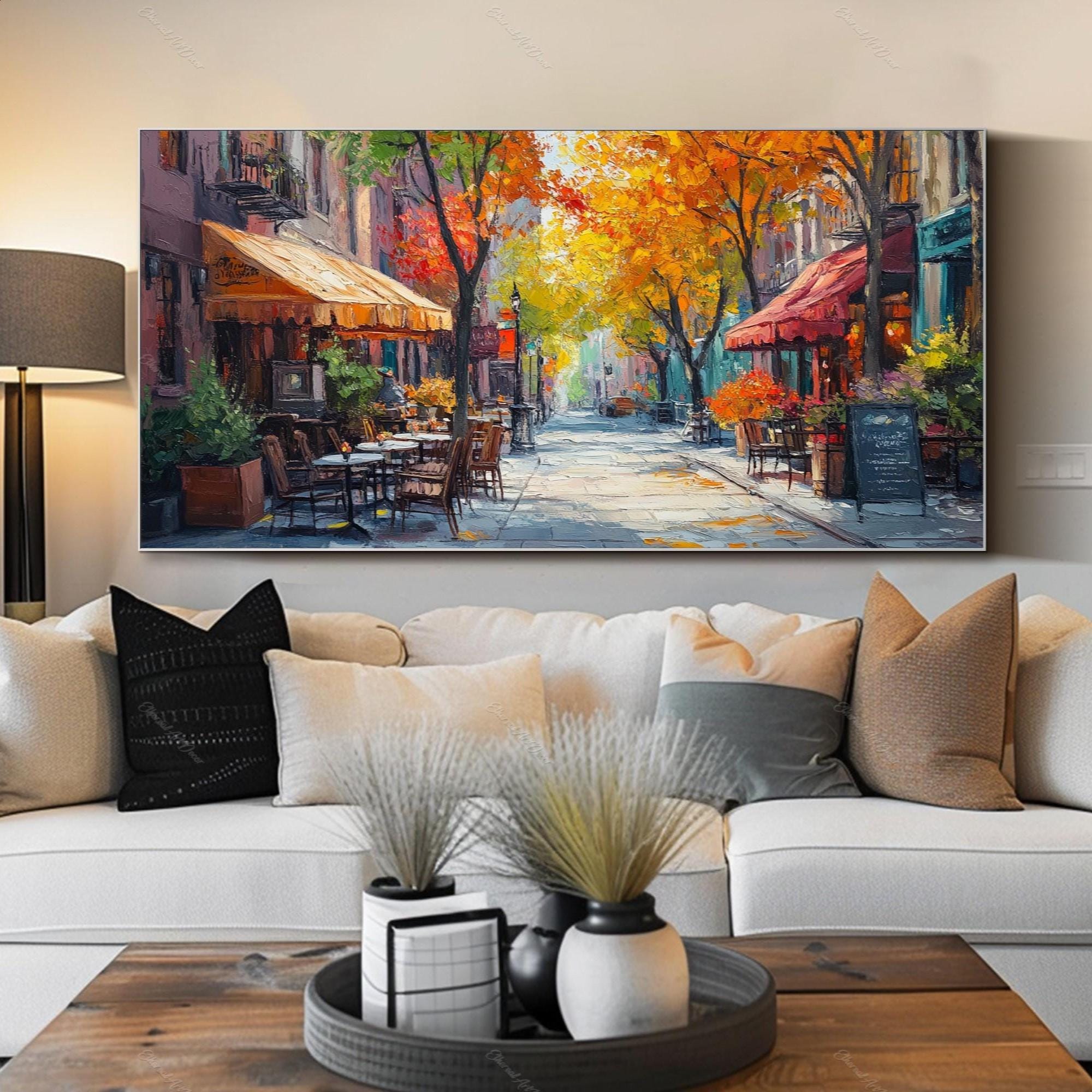 Original Cafe Oil Painting Textured Wall Art Bedroom Wall Art Abstract Cityscape Street Wall Art Living Room Wall Art Large Cafe Wall Decor
