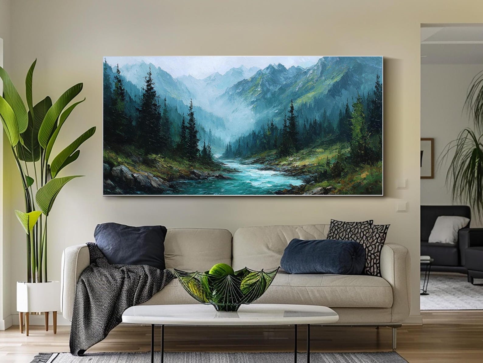 Mountain River Oil Painting Original Hand Painted Landscape Wall Art ...