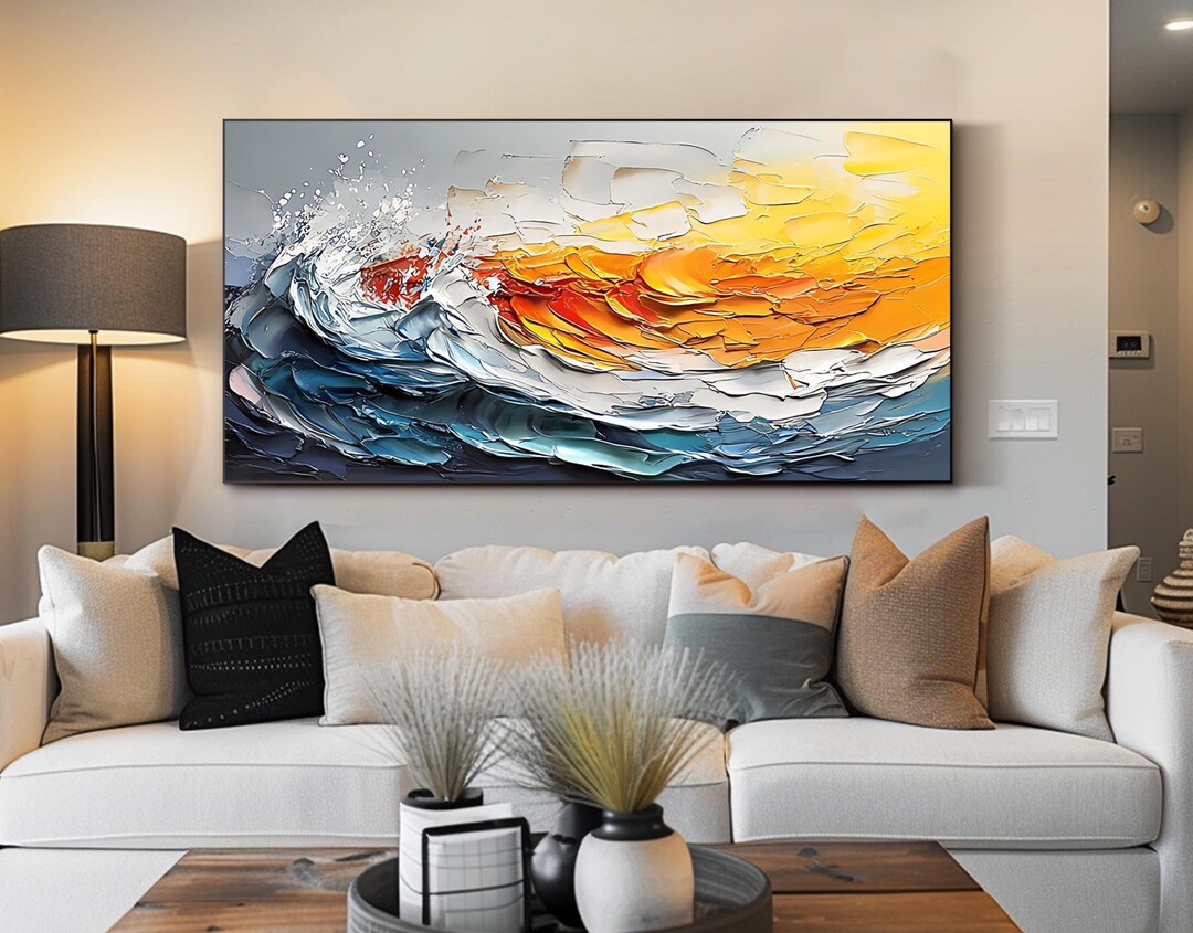 Abstract Wave Oil Painting Sunrise Ocean Impasto Canvas Art Textured ...