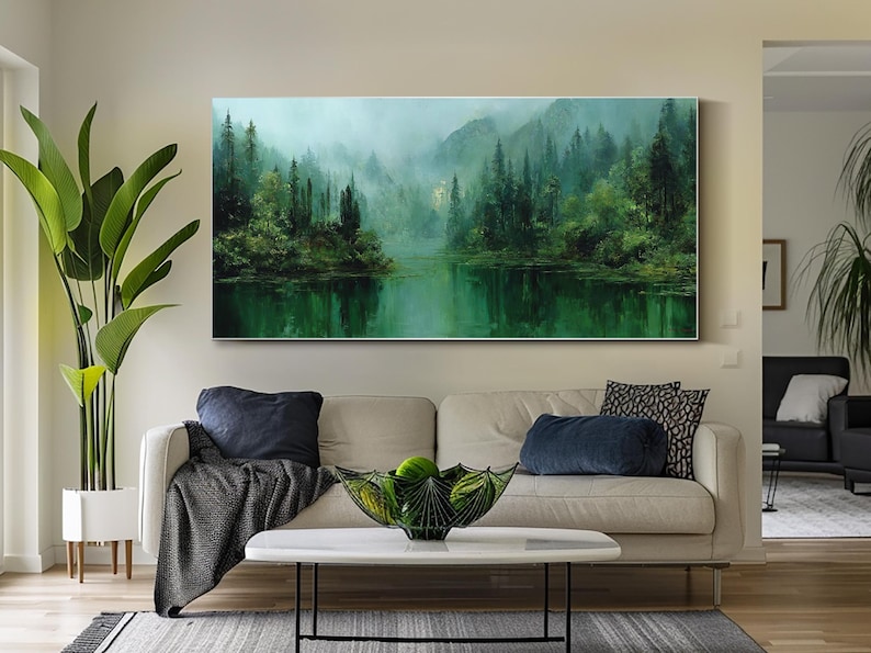 Large Forest Lake Oil Painting Misty Mountain Landscape Green Nature ...