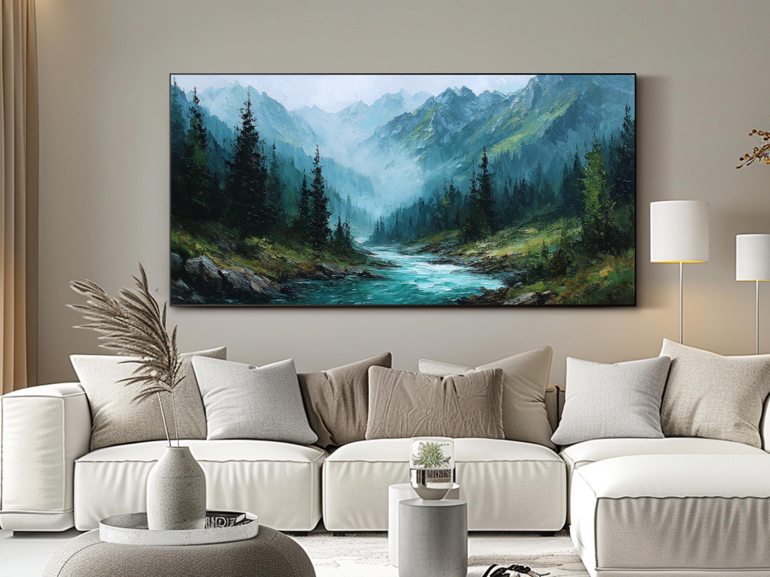 Mountain River Oil Painting Original Hand Painted Landscape Wall Art ...