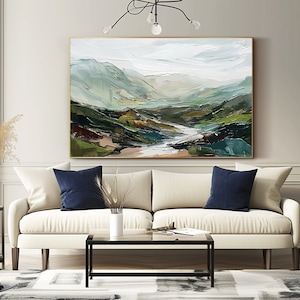 Original Mountain Oil Painting on Canvas 3d Green Wall Art Minimalist ...