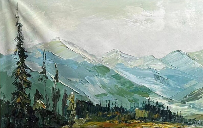 Green Mountain Oil Painting on Canvas Large Green Impasto Wall Art Bed ...
