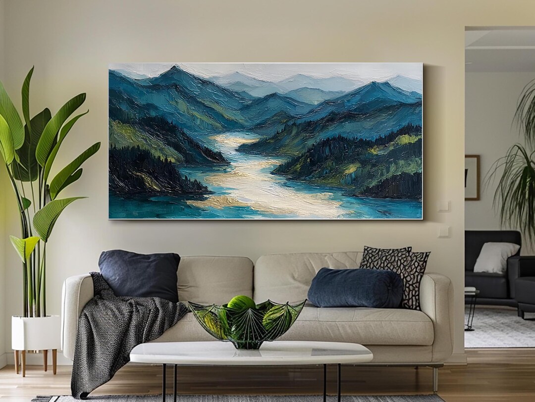 Original Landscape Oil Painting Mountain River Textured Wall Art Living ...