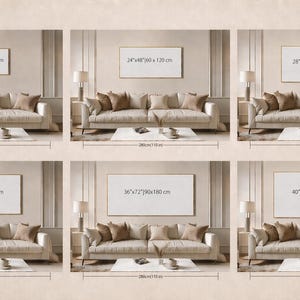 May include: Six interior design mockups showcasing different framed art sizes above a beige sofa. Sizes include 20"x40"x100 cm, 24"x48"x120 cm, 28"x56"x70x140 cm, 32"x64"x80x160 cm, 36"x72"x90x180 cm, and 40"x80"x100x200 cm. Each scene includes a sofa, coffee table, and lamps.