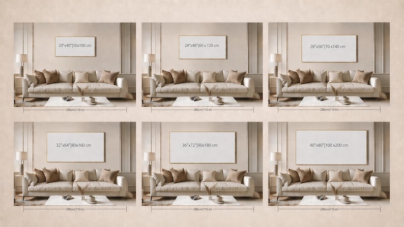 May include: Six interior design mockups showcasing different framed art sizes above a beige sofa. Sizes include 20"x40"x100 cm, 24"x48"x120 cm, 28"x56"x70x140 cm, 32"x64"x80x160 cm, 36"x72"x90x180 cm, and 40"x80"x100x200 cm. Each scene includes a sofa, coffee table, and lamps.