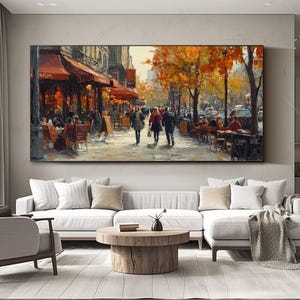 May include: A painting of a Parisian street scene with people walking past a cafe with red awnings. The trees are in autumn colors and the sky is a light blue.