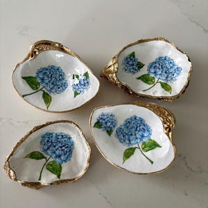 Blue Hydrangea Oyster Shell Trinket Dish: Coastal Jewelry Holder