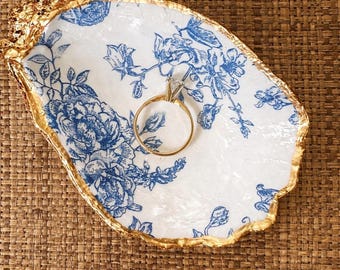 Something Blue Oyster Shell Ring Dish, French Toile, Bride, Bridesmaid, Engagement Gift