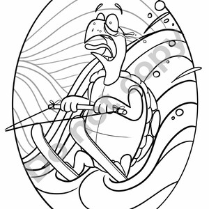 Dibujo para colorear - Tortuga asustada en esquís acuáticos, dibujo de dibujos animados. Coloración divertida: ¡una tortuga practica esquí acuático con miedo! Para adultos y niños - Diversión creativa