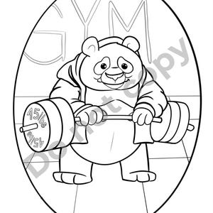 Dibujo para colorear: Panda de dibujos animados en el gimnasio para un entrenamiento divertido. Coloración divertida: panda de dibujos animados en el gimnasio para un entrenamiento divertido.