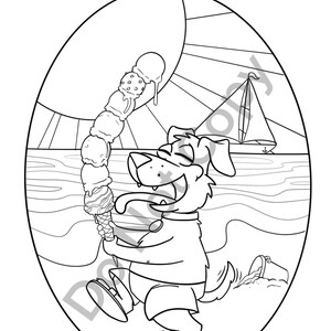 Coloriage amusant - Chien mangeant une crème glacée sur la plage ensoleillée / Fun coloring: Dog eating ice cream on sunny beach