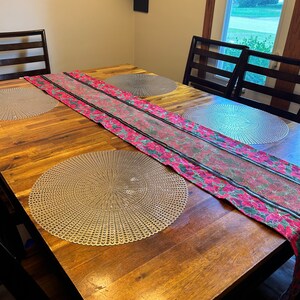 以下が含まれることがあります： ピンクとグリーンの花柄のテーブルランナーと4つの丸いプレースマットが置かれた木製のダイニングテーブル。テーブルは4人掛けで、両側に椅子が置かれている。