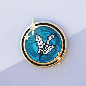 December Holly Enamel Pin // Collectible Lapel Pin // Zircon // Blue Topaz // Turquoise